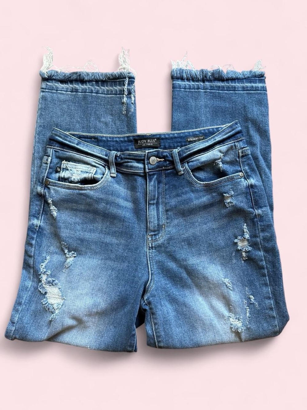 Judy Blue Distressed Straight Fit Jeans 9/29 Frayed Hem Ankle Medium Wash